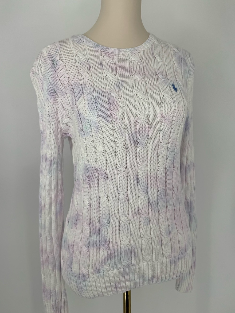 Polo Ralph Lauren Tie-Dye Cable-Knit 100% Pima Cotton Crewneck Sweater, Size S